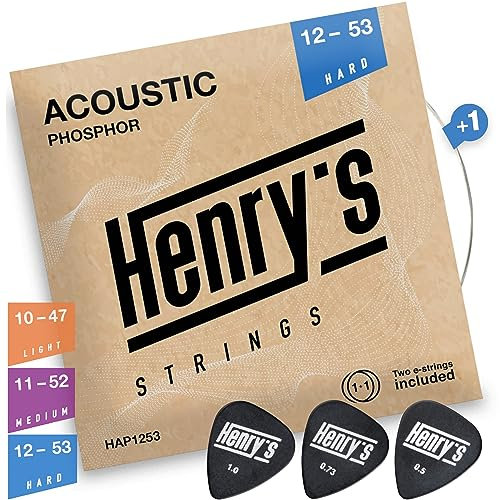 HENRYS® Gitarrensaiten Westerngitarre 12-53 - Phosphor Bronze Westerngitarre Saiten - Extra E1-Saite 3 Plektren - Western Gitarrensaiten Akustikgitarre - Akustik Saiten Stahl - Acoustic Guitar String