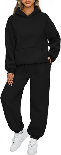 AUTOMET Tenue de détente 2 pièces pour femme, sweat à capuche ample et pantalon de survêtement avec poches, pour l’automne, noir, X-Large