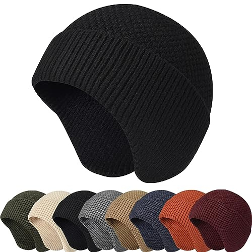 Enwokran Knit Beanie Hat Warm Winter Hats Unisex Stretchy Windproof Earflap Knit Skull Cap Slouchy with Ear Warmer for Running Fishing Skiing Cycling Outdoor Sports (Black)