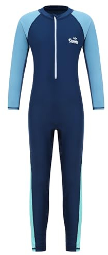 FEESHOW Barn pojkar flickor våtdräkt lång onepiece badmode långärmad UPF 50+ baddräkt för surfing snorkling, A marinblå, 158-164
