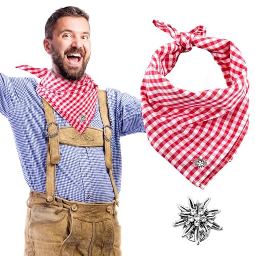 Geyoga Trachtentuch mit Edelweiß Pin 45 x 105 cm Kariertes Halstuch Baumwolle Dreieckstuch Trachten Halstuch Bayern Tracht Kostüm Accessoires für Damen Herren Bierfest(Rot Weiß)