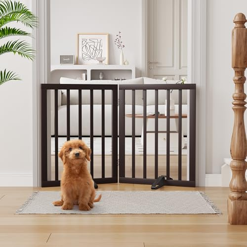 Semiocthome bambu fristående hundgrindar för dörröppningar, 2-paneler inomhus valpgrindar för huset med 2 metallställ, 60 cm (H) hopfällbar husdjursgrind för trappor expanderar upp till 94 cm (B