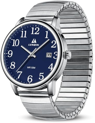 LN LENQIN Mens Watches Easy Read Analog Quartz Sport Waterproof Watch for Men with Date and 38mm Stainless Steel Expansion Band