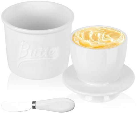 Beurrier Français Pot à Beurre en Porcelaine avec Couteau à Beurre, Cloche à Beurre en Céramique Refroidi à l'Eau avec Couvercle pour un Beurre Frais et Facile à Tartiner (Blanc) (10.5*9.8cm)