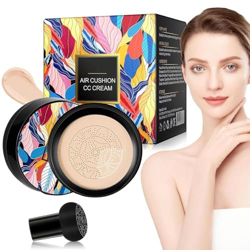 Mushroom Head Air Cushion CC Cream, Full Coverage Foundation, Moisturizing BB Cream Makeup Base Long Lasting with Mushroom Makeup Sponge (Natural)