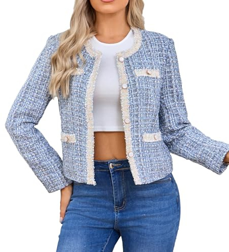 Csvinkiko Women's Tweed Blazers Cropped Long Sleeve Crewneck Open Front Lace Trim Lightweight Plaid Work Business Jackets(Blue-L)