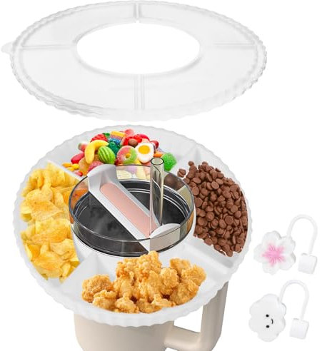 YiliYa Bol à Collation en Silicone Compatible Compatible Stanley 40 oz, Réutilisable avec Couvercle et Paille 4 Compartiments Plateaux à Collations pour Stanley Cup Snack Bow(Blanc)