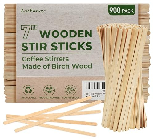 LotFancy 900Pcs Coffee Stirrers, 7 inch Birch Wood Coffee Stir Sticks, Sturdy Wooden Sticks, Great for Your Coffee Nook, Splinter Free, Round End