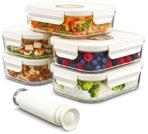 Spares2go Vakuumförvaring glasbehållare med fästklämmor lock (paket med 5, små, 630 ml) + manuell tätningspump