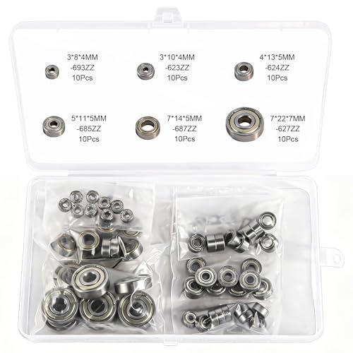 Gyism Lot de 60 roulements à billes 6 tailles 693ZZ, 623ZZ, 624ZZ, 685ZZ, 687ZZ, 627ZZ, double blindage, mini roulement à billes rainuré, roulement Mni pour skateboards, chariots, moteurs électriques