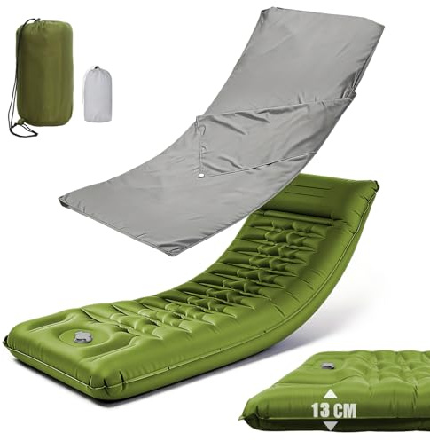 sancuanyi Colchoneta autoinflable, 13 cm de grosor, colchón hinchable con saco de dormir de cabaña, bomba de pie y almohada, colchoneta isotérmica, colchón de aire para exteriores, camping, senderismo