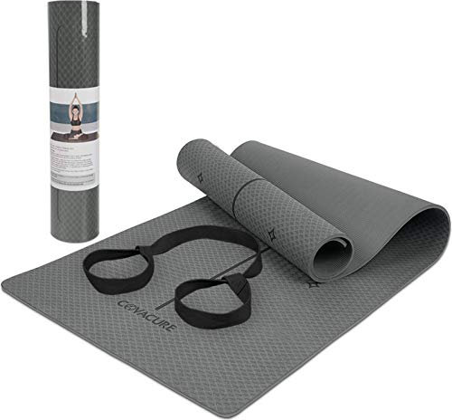 COVACURE Yogamatte Sportmatte Gymnastikmatte - 183 x 66 x 0,8 cm Fitnessmatte TPE rutschfest Yogamatte, Dünn, Licht, Langlebig mit Ausrichtungslinien und Tragegurt für Yoga & Pilates
