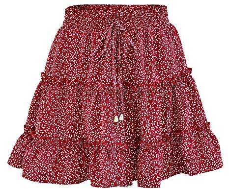 LAEMILIA Womens Elastic Waist Flared Short Skirt Floral Print Pleated Mini Skater Skirt with Drawstring