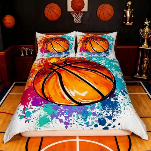 Watercolor Tie-dye Bedding Set,Cartoon Basketball Print Duvet Cover for Kid Teen Boys Girls,Youthful Comforter Cover Decorative Room,Sports Gaming Quilt Cover with 2 Pillowcases,Full Size