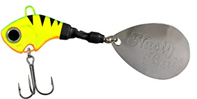 Jig Spinner 22g/ Raubfischköder/extra großes, poliertes Spinnerblatt/aktive Modelle/Mustad Karbonstahl Haken/Länge 8cm für Barsch, Hecht, Rapfen, Zander und Wels (Firetiger)