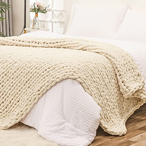 Bigacogo Chunky Knit Throw Blanket for Couch, 51x63 inches, 100% Hand Knitted with Thick Jumbo Chenille Yarn, Cozy Soft Large Rope Knot Cable Crochet Blankets for Sofa Bed Living Room, Beige