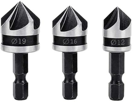 Teocpai 3 frese per smussare 5 flauto 90 gradi trapano smussato in acciaio al carbonio 12 mm/16 mm/19 mm trapano a testa fresata per legno, plastica, alluminio