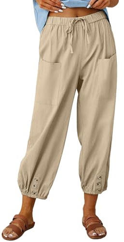 CrystErzoix Pantaloni Donna Estivi Leggeri Cotone Pantaloni a 7/8 Gamba Larga Casual Pantaloni Cropped Harem Pants Elastici in Vita per Spiaggia Vacanze