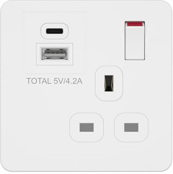 LIDER 1-Gang Switched 13A Socket with 20W USB-A & C Charger, Screwless Faceplate, Combined 5V/4.2A (20W) Output, UKCA, Child-Proof Shutter, Glossy Finish, White (Use 35mm-deep back box)