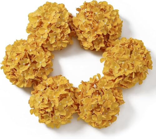 DuHouse Artificial Silk Hydrangea Flower Heads 6Pcs(Mustard Yellow) | Bigger Fake Hydrangeas with Stems, Realistic Faux Hydrangea Flower Bouquets, Wedding Home Party Garden Centerpiece