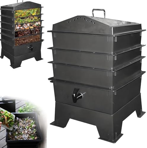 Garden Compost Bin,4-Tray Worm Composter,Farm Compost Bins with Air Holes,Large Composter Recycling Storage, Food Waste,Composter Kitchen Bin,for Garden and Vermiculture, Sustainable Design