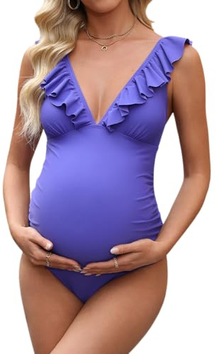 CUPSHE Damen Maternity Badeanzug V Ausschnitt Volants Lace Up Nach Schwangerschaft Einteilige Umstandsbademode Swimsuit Elektrisches Blau XL