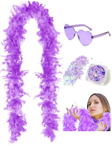 Boà di piume da 45g (2 iarde) con glitter e occhiali a forma di cuore - Per donne e ragazze - Addio al nubilato, Halloween e costumi (Viola)