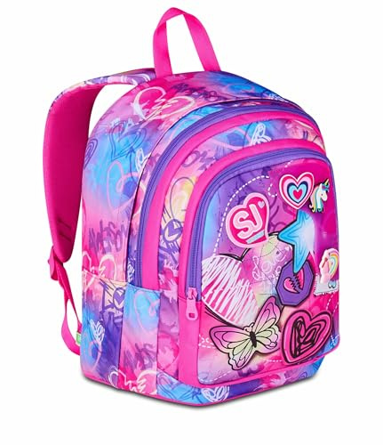 SJ GANG STYLE JAM GANG Avancerad skolryggsäck, fuchsia, dubbelt fack och vattenflaskficka, 29 L, grundskolryggsäck, flickryggsäck