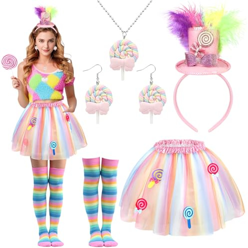 Beipegin Candyland Candy Costumes for Women,Top Hat Headband Lollipop Necklace Earrings Sweet Rainbow Tutu Stocking Candy Theme Cosplay Accessories for Halloween Christmas
