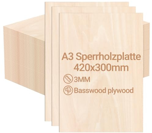 Jiubiaz Plywoodskiva 3 mm, 420 x 300 mm, 20 stycken lindträskiva, tillskurna efter pysselträn för modellbygge, lasergravering, trä, brinnande målning, gör-det-själv oljemålning
