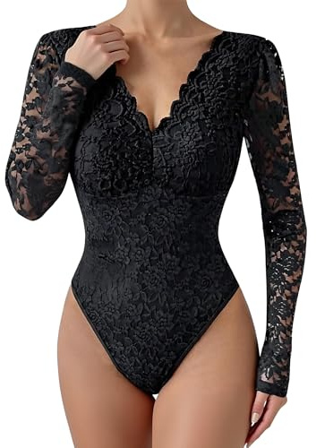 Ausing Donna Body Elegante Danza Top Pizzo Invernali da Donna Sottogiacca Maniche Lunghe Moda Nero Camicia Manica Lunga Schiena Scoperta Bodyblusa Sexy Discoteca Bodysuit Trasparente Extension M