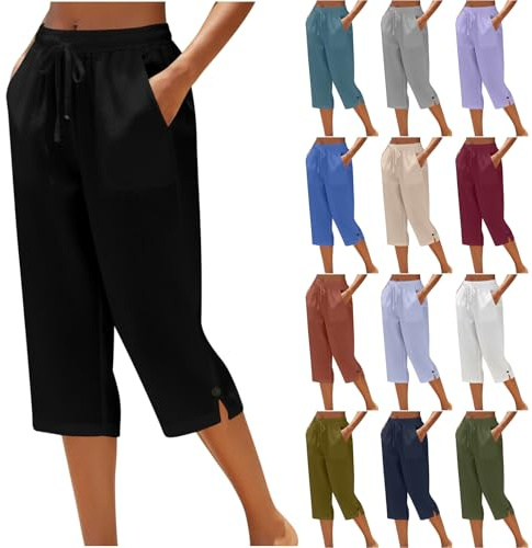Womens Cropped Trousers Elasticated High Waist Relax Fit Cotton Linen Ladies 3/4 Length Capri Pants Straight Wide Leg Trousers Casual Everyday Soft Lightweight Plain Three Quarter Pants