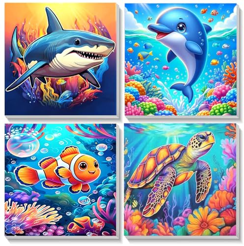 Bowetile 4 st måla efter nummer för barn nybörjare söta djur med ram, haj att måla efter nummer för 4–8–12 år flicka och pojke, gör-det-själv akrylfärg för heminredning 20 x 20 cm