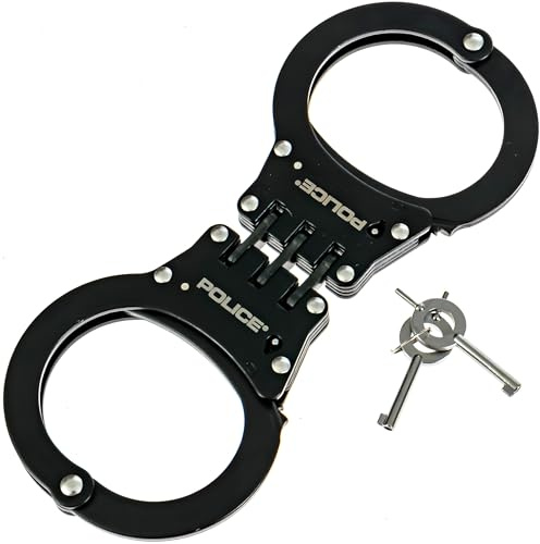 Handcuffs – Heavy Duty Police Grade Professional Steel Hand Cuffs, Hinged Double Lock Metal Black Finish for Security & Personal Safety