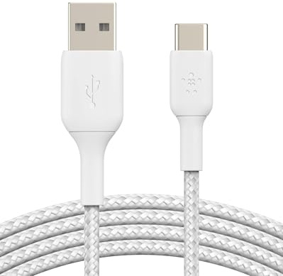 Belkin BoostCharge geflochtenes USB-C-Ladekabel, USB-C-/USB-Kabel, USB-Typ-C-Kabel für Geräte wie iPhone 16, iPhone 15, Samsung Galaxy S24, Pixel, iPad Pro, Mini und Nintendo Switch, 2 m, Weiß