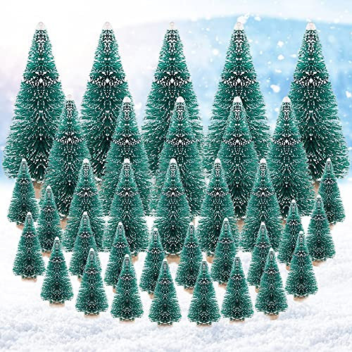 BUENTYA 35 Pcs Miniature Artificial Snow Frost Trees with Wood Base, Green Sisal Tiny Pine Trees for Christmas Party Home Decoration (4 Sizes)