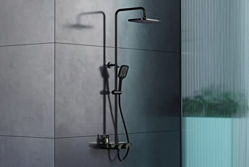 BERNSTEIN® Duschsystem mit Thermostat BS371 Schwarz matt, Regendusche Duschsystem, Duschbrause mit Anti-Kalk-Düsen, Höhenverstellbare Duschstange, Eckiges Design