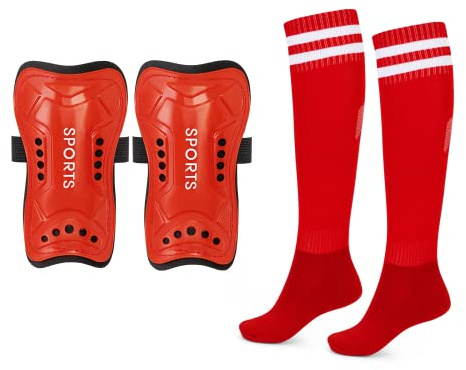 Soccer Shin Guards for Youth Kids with Soccer Socks, 3 Sizes Shin Pads Child Calf Protective Gear Lightweight Adjustable Equipment for 3-15 Years Old Girls Boys Toddler Kids Teenagers (Red, S)