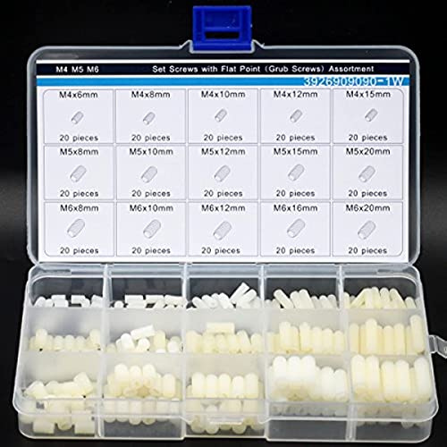 M4 M5 M6 Nylon Slotted Set Screws with Flat Piont Collection Kit, Grub Screws 300 Pieces