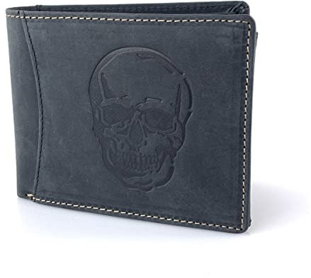 BUFFALO HILL Geldbörse I Totenkopf Motiv I Büffelleder Portmonee I Echtleder Geldbeutel I Querformat Portemonnaie Herren I RFID-Schutz I Ledergeldbörse mit Münzfach I 9 Kartenfächer I 2394 (Schwarz)