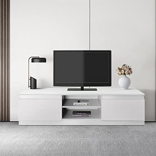 ML-Design Mesa de TV de Madera en Blanca 120x36x40cm Gabinete para Televisión Mueble Moderno con Espacio de Almacenamiento Tablero de Pie Mesita con 2 Puertas Giratorias y 2 Estantes Abiertos