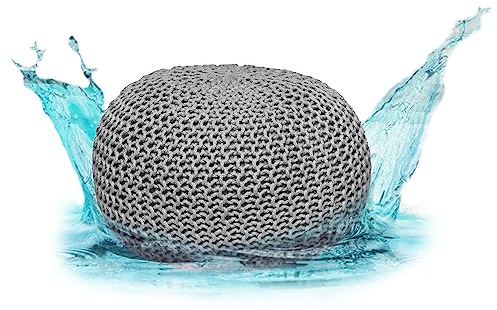 ELYFLAIR® Pouf de haute qualité, imperméable, Ø 55 cm ou 45 cm, pouf pour intérieur et extérieur, effet tricot épais, pour jardin, terrasse, piscine, 100% plastique recyclé (gris argent, Ø 55 cm)