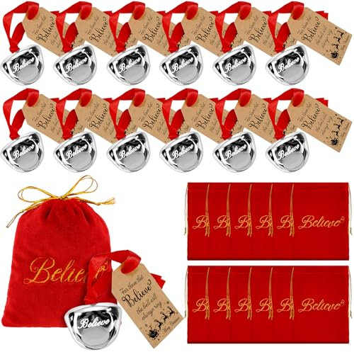 Paterr 12 Sets Christmas Believe Bells The Polar Sleigh Bells Bulk Santa Gift Reindeer Bell Ornaments Xmas Party Gifts Favors Red Velvet Bag Believe Tags Christmas Tree Home Decor Keepsake (Silver)