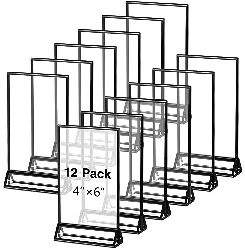 FairySandy 12 Pack 4 x 6 Clear Acrylic Wedding Table Number Holder Stands with Black Border Table Sign Number Holders Double Sided Clear Frame for Wedding Restaurant Anniversary Menu Recipe Picture