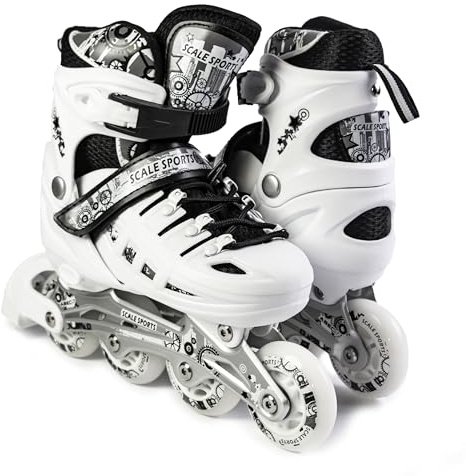 Scale Sports - Adjustuble Roller Skates with light up wheels for children and adults - Kids Inline Roller Skates (white, UK 2-4.5 (EU 34-37) M)
