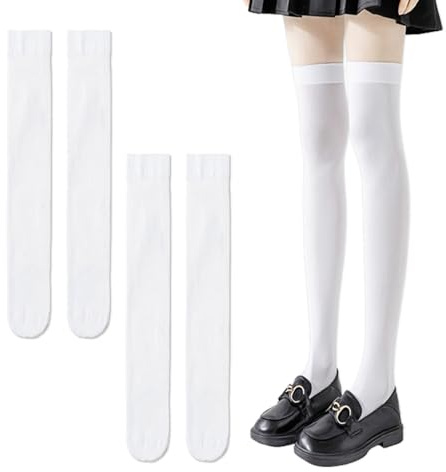 DAZZLUXE Lot de 2 paires de chaussettes blanches au-dessus du genou pour étudiant - Chaussettes sexy pour femme - Convient pour l'école, le quotidien, les fêtes (52 cm), Blanc., taille unique