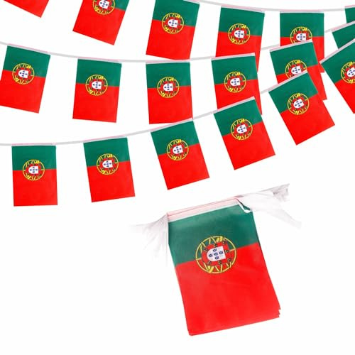 Guirlande de fanions portugais Oly 2024 - 10 m - 30 drapeaux portugais - Banderole portugaise pour jeux Oly 2024 - Événements sportifs de football - Décorations de fête nationale