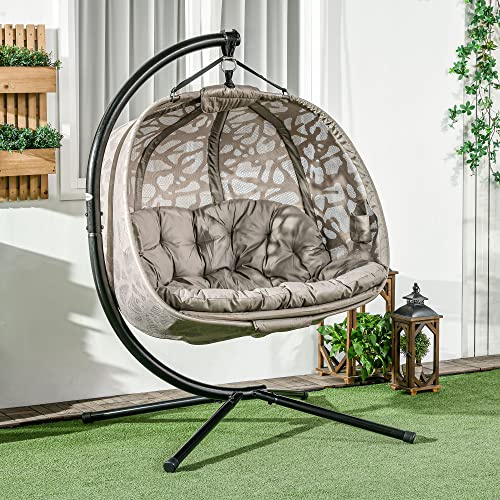DecHome - Poltrona Sospesa Dondolo da Giardino con Struttura in Acciaio e Cuscino 2 Posti con 2 Tasche e Cesto Pieghevole 130x103x172 cm