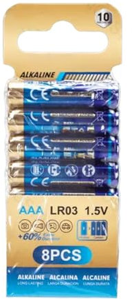Batteria alcalina AAA (LR03) 1,5 V, 8 pezzi, ideale per dispositivi elettronici e giocattoli.
