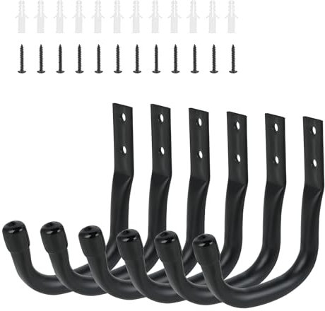 Lrocotanc 6 Pezzi Appendini per Bici da Muro, Ganci da Parete Neri per Garage, Ganci a J per Biciclette, Organizer Gancio Bici Muro, Supporto per Utensili, Scale e Oggetti Pesanti (11,5 x 9 cm)